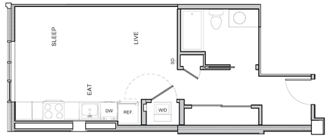 A floor plan of a small apartment with a living area, a sleeping area, a kitchen, and a bathroom.